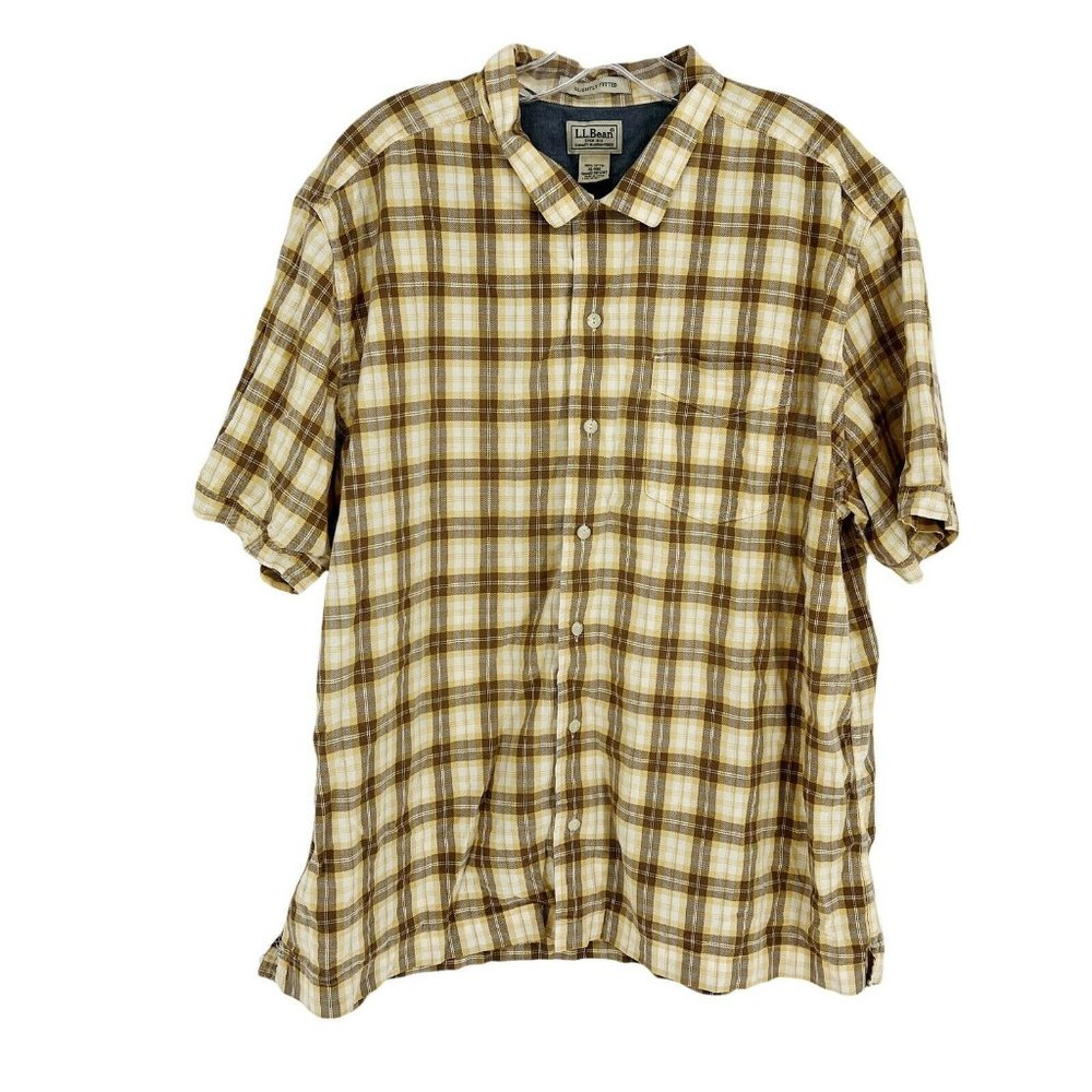 LL Bean Shirts Mens XL Short Sleeve Brown Plaid Button Up Slightly Fitte…